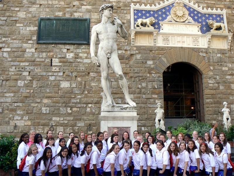 florence12.JPG - At the Statue of David, (replica) in front of the Palazzo Vecchio in Florence